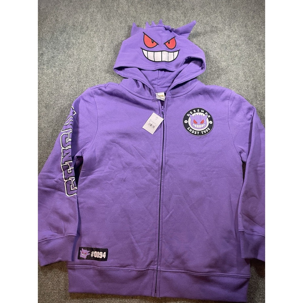 Pokemon Gengar Hoodie Youth L Purple Ghost Type Spellout Zip Up Streetwear